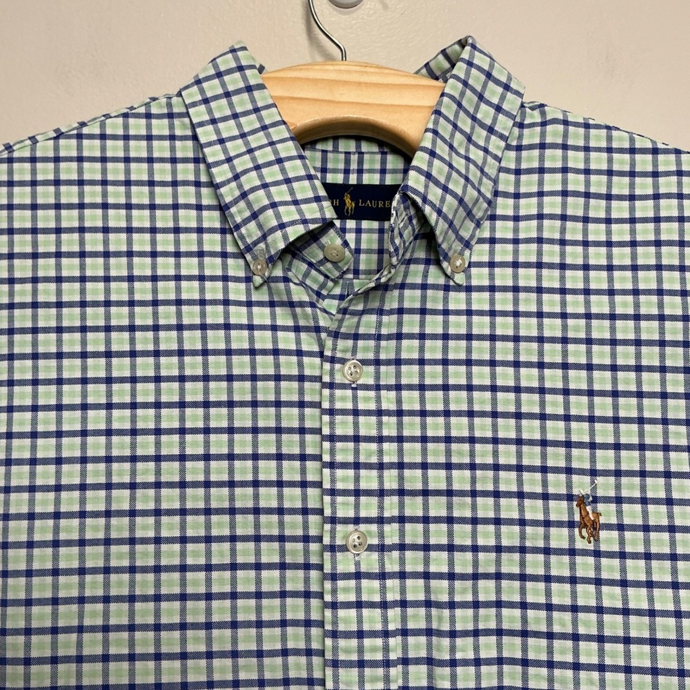 Ralph Lauren Men's Long Sleeve Button Down Shirt XXL Green Blue Plaid Flesh Pony - Picture 4 of 7